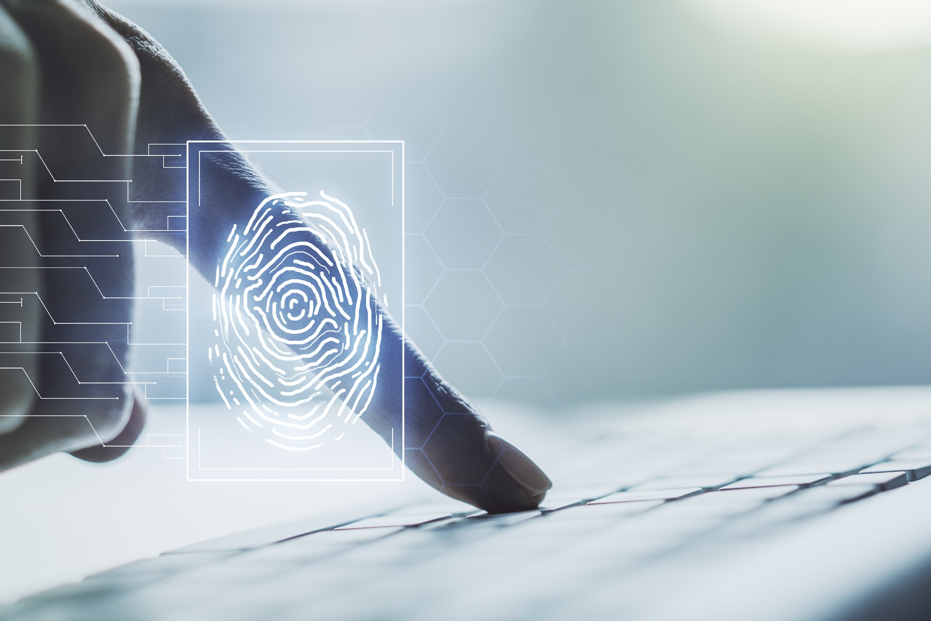 Abstract creative fingerprint concept with hands typing on laptop on background. Multiexposure